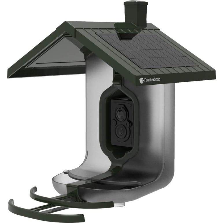 FeatherSnap Scout smart bird feeder with built-in 4MP camera, solar panel roof, and dual seed bins