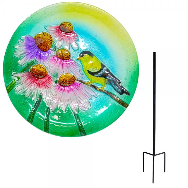 Glass Bird Bath - Goldfinch Staked