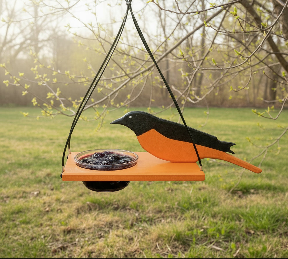 Mr. Oriole Feeder hanging in a tree