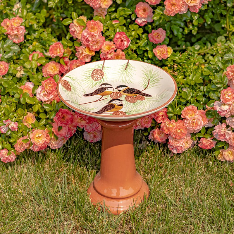 15" Porcelain Pedestal Bird Bath - Pinetree Finch