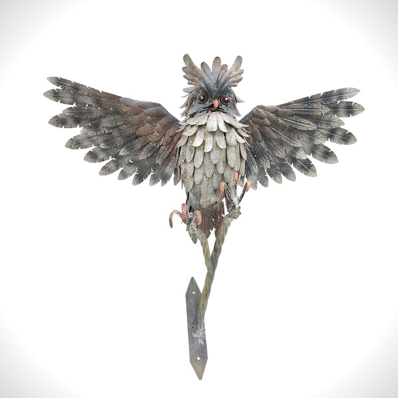 26.5" Tall Metal Great Horned Owl Taking Flight Off Branch "Bramble"