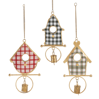 Plaid Birdhouse w/Bell Ornaments - Asst Styles