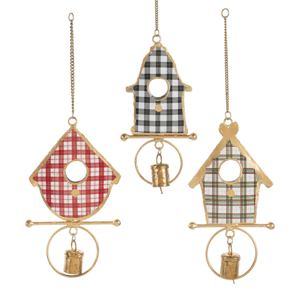Plaid Birdhouse w/Bell Ornaments - Asst Styles
