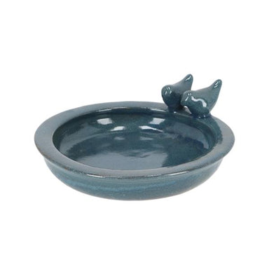 Round Bird Bath w/Birds Ceramic - Teal Medium
