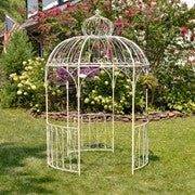 Round Iron Garden Gazebo with Three Side Walls in Antique White