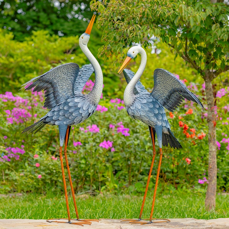 51" Tall White Neck Blue-Grey Heron Garden Figurines w/ Spread Wings - Set of 2
