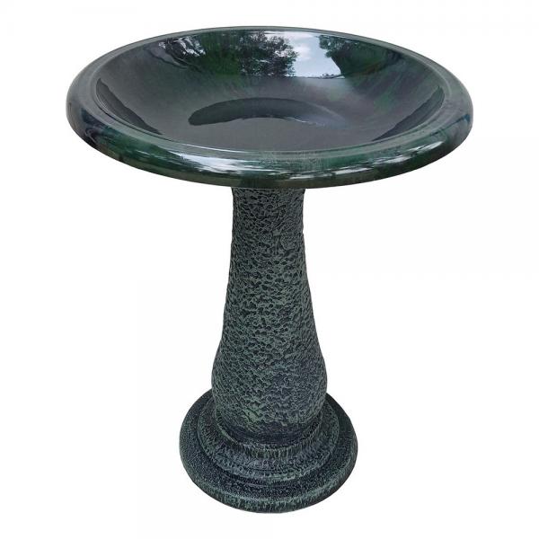 Fiber Clay Bird Bath - Dark Green w/ Pedestal
