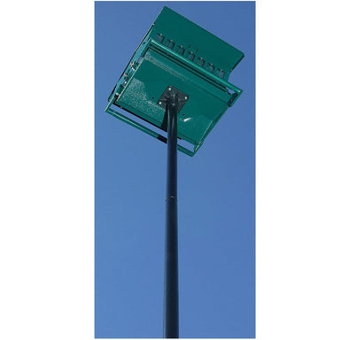 WoodLink universal pole kit installed in ground supporting a green hopper bird feeder