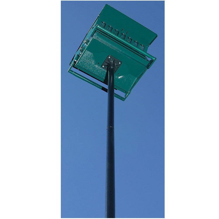 WoodLink universal pole kit installed in ground supporting a green hopper bird feeder