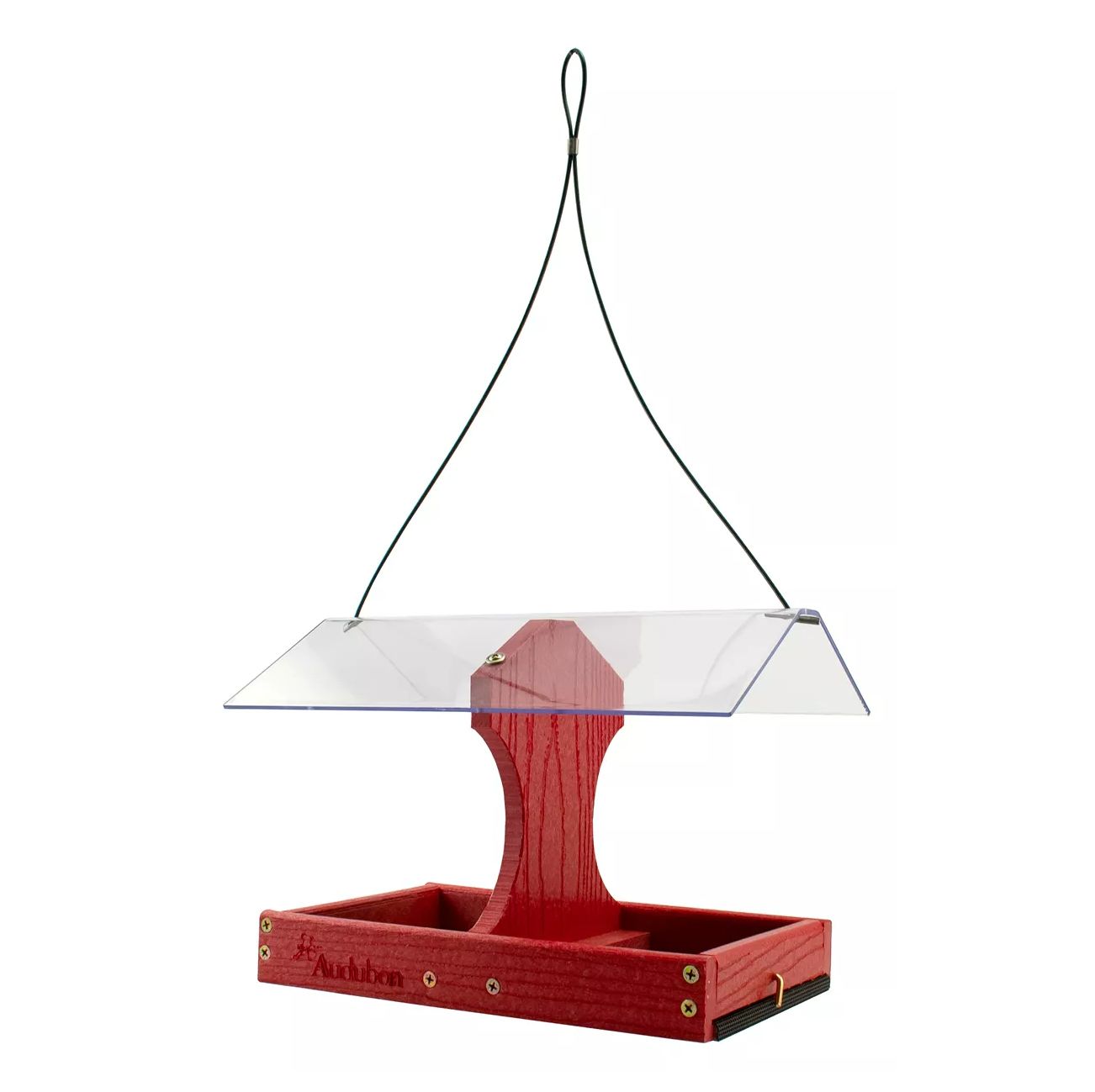 Red two-sided cardinal platform feeder hanging by its cable showing the clear acetate roof and partitioned trays