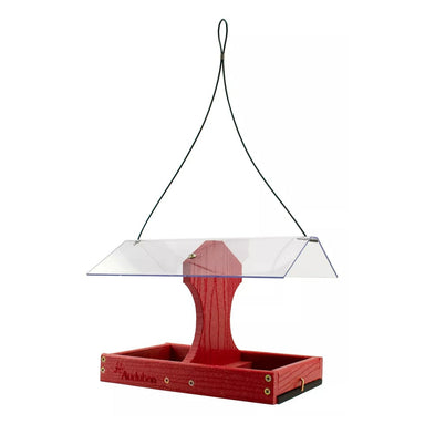 Red two-sided cardinal platform feeder hanging by its cable showing the clear acetate roof and partitioned trays
