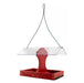 Red two-sided cardinal platform feeder hanging by its cable showing the clear acetate roof and partitioned trays