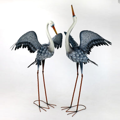 51" Tall White Neck Blue-Grey Heron Garden Figurines w/ Spread Wings - Set of 2