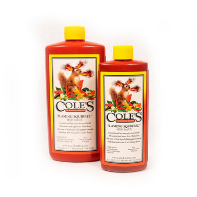Cole's Flaming Squirrel Seed Sauce bottle, full product view