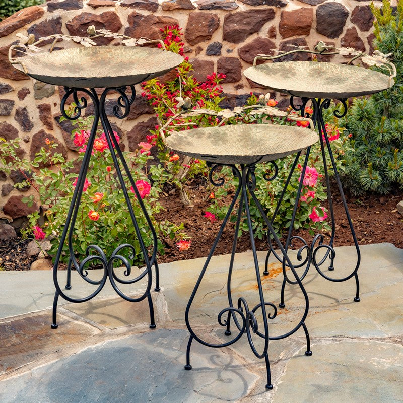 Frosted Gold Iron Birdbath w/ Bird Details "Stephania" - Medium