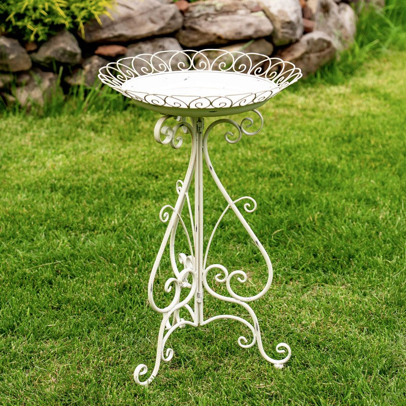 28" Tall Iron Birdbath w/ Folding Stand in Antique White "Stephania"